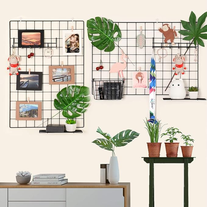 PAMANO Wall Photo Grid Shelf, Wall Hanging Ins Art Display Grid Panel for Decor & Storage, Metal Wire Notice & Memo Board, Mesh Tool Organiser Frame 2 Pcs (Black, 25.6 x 17.7 inches)