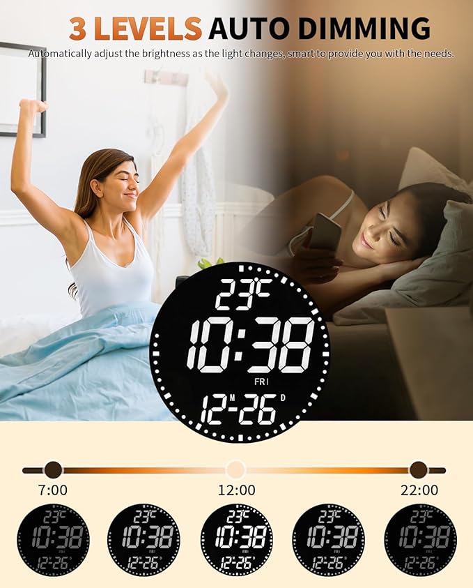 GLOKUUCA 12" Large Digital Wall Mount Clock, Count Down Timer, Alarm, Big LED, 12 RGB Color, Temperature for Living Room Classroom Desk, Xmas, Birthday Gift for Senior Mom Dad (Round)