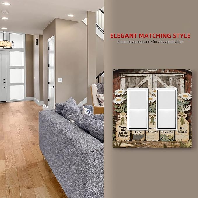 Bvtewkhz Rustic Daisy Barn Door Flowers 2 Gang Double Rocker Decorative Light Switch Covers Electrical Faceplate Switch Plates for Bathroom Kitchen Home