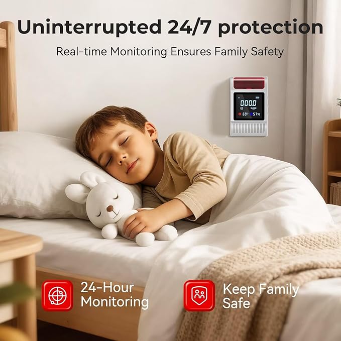 Nicbee 5-in-1 Smoke and Carbon Monoxide Detectors Plug in, Smoke Detector with Battery Backup Slot, Adjustable Brightness & Volume Levels, Smoke Alarm with Temp/Humidity for Home, RV, Travel(1-Pack)