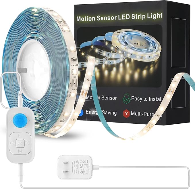 Feuymoent Motion Sensor LED Strip Light - Cabinet Strip Lights with 24W Plug, Dimmer and Timing, 9.84ft 3000K WarmWhite