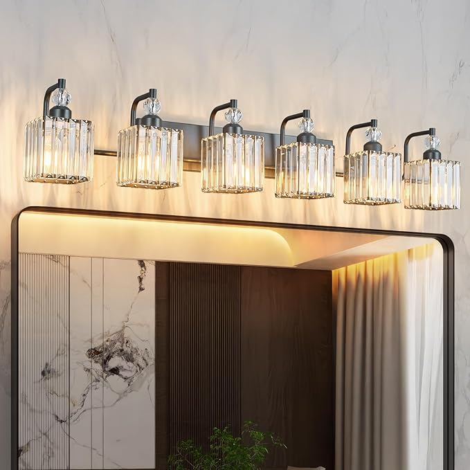 BBLLWJ 6 Light Bathroom Vanity Light Modern Black Vanity Light Fixtures Bathroom Light Fixtures Over Mirror Crystal Vanity Lighting Fixtures