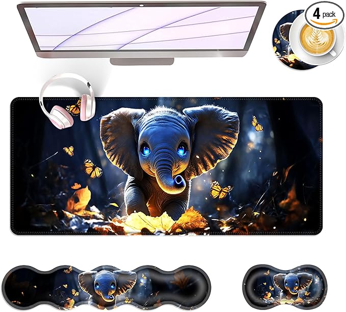 BFUKVOU Large Keyboard Mouse Pad Set, Extended Mouse Pad+Keyboard Wrist Rest Support, Memory Foam Ergonomic Easy Typing, 4Pcs (31.5×11.8 in) Desk Pad Set for Office Home,Cute Elephant with Butterflies
