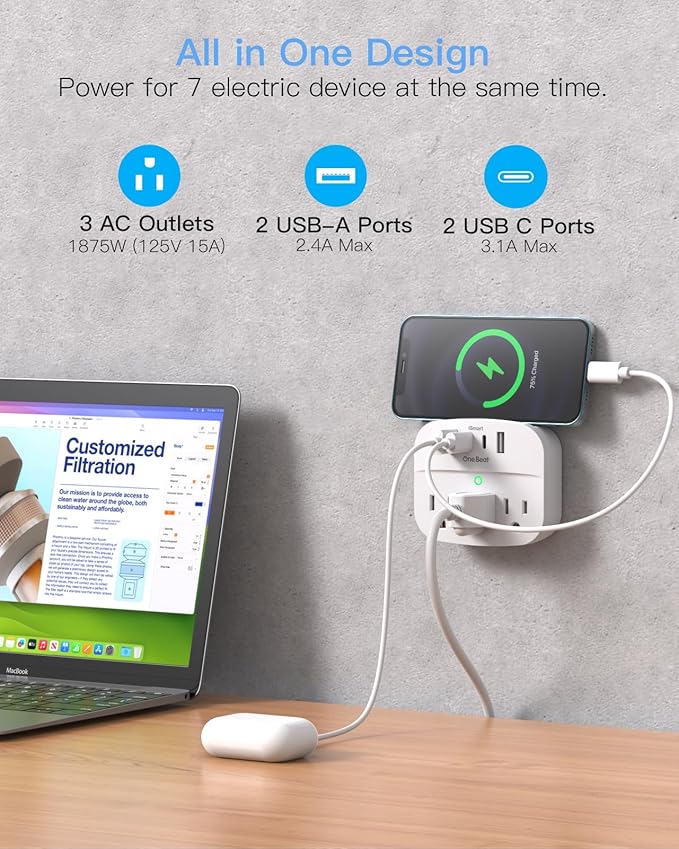 1 Pack Multi Plug Wall Outlet Splitter with USB, Non Surge Protector for Cruise Ship, Cruise Outlet with 3 Wall Outlets 4 USB Wall Charger(2 USB C), Small Travel Plug Adapter for Cruise,Travel,White