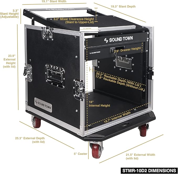 Sound Town High-Quality 1/2” (12mm) Plywood 10U PA DJ Pro Audio Rack/Road ATA Case with 11U Slant Mixer Top, Locking Drawer, 20’’ Rackable Depth and Casters (STMR-10D2)