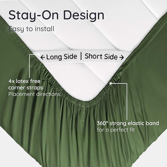 Bambaw Full Fitted Sheet Only, 100% Viscose Derived from Bamboo Fitted Sheet Full Size with Corner Straps, Cooling & Soft (Olive)