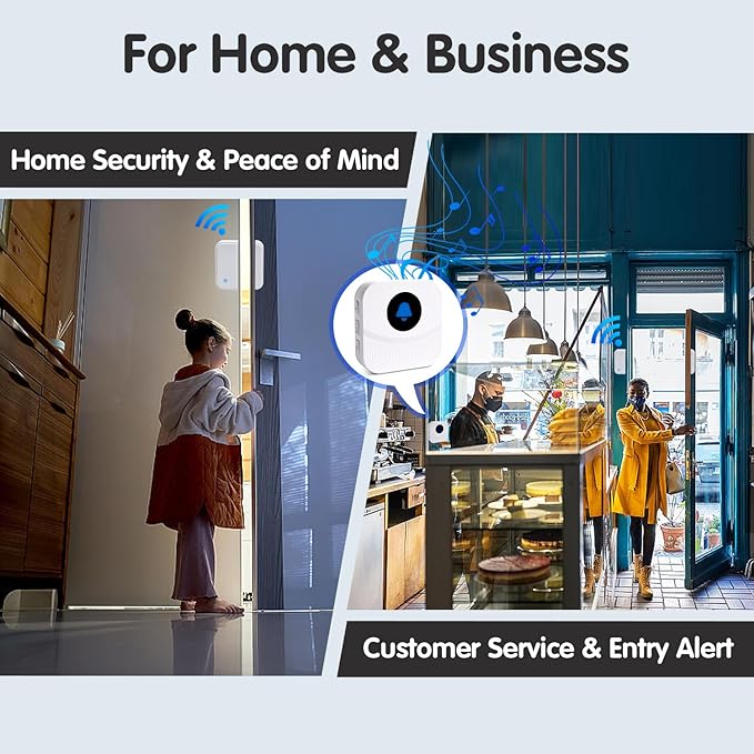KOOSTONE Wireless Door Chime & Window Sensor Alarm - 600Ft Long Range Door Sensor for Business and Home Security Door Chime with 55 Ringtones, 5 Volume Levels, Easy Install (1 Receiver & 2 Sensors)