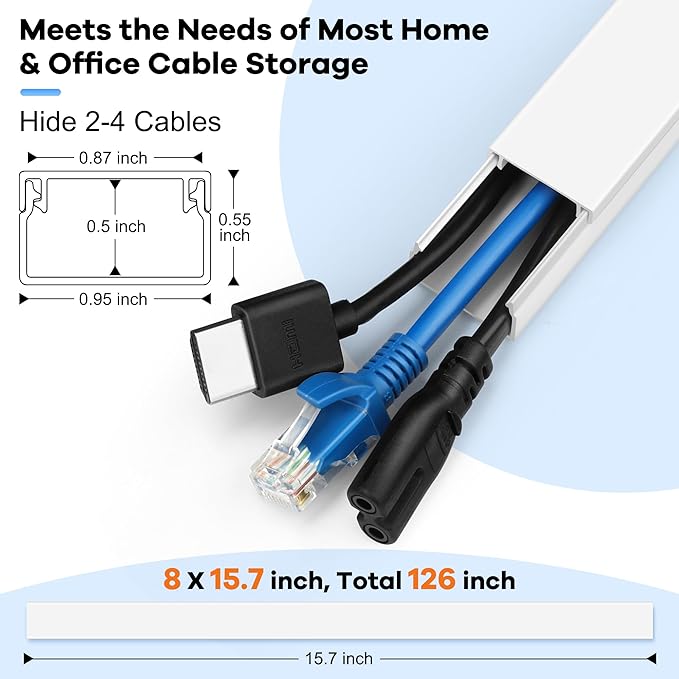 126in Cord Hider Kit, ZhiYo Cord Covers for Wall Mounted TV, Paintable Wire Cover for Cords, TV Cable Hider Wall Kit, Cable Cover Wire Management, White Cords Concealer, 8 x L15.7in W0.95in H0.55in