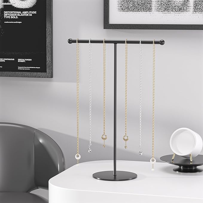 Justsoso Metal T-Bar Necklace Holder Stand, Necklace Hanging Display Stand, Tabletop Jewelry Organizer Stand for Necklace Bracelet Earring Display (Black With Metal Base)
