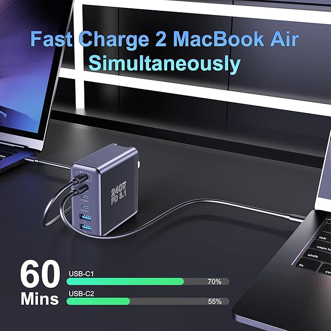 Graaci 240W USB C Charger, 140W Laptop Fast Charger, PD3.1 PPS 6-Port USB Type C Wall Charger, Advanced GaN Power Adapter, for MacBook Pro 16'', iPhone 16 Series, iPad Pro, Galaxy, Pixel, and More