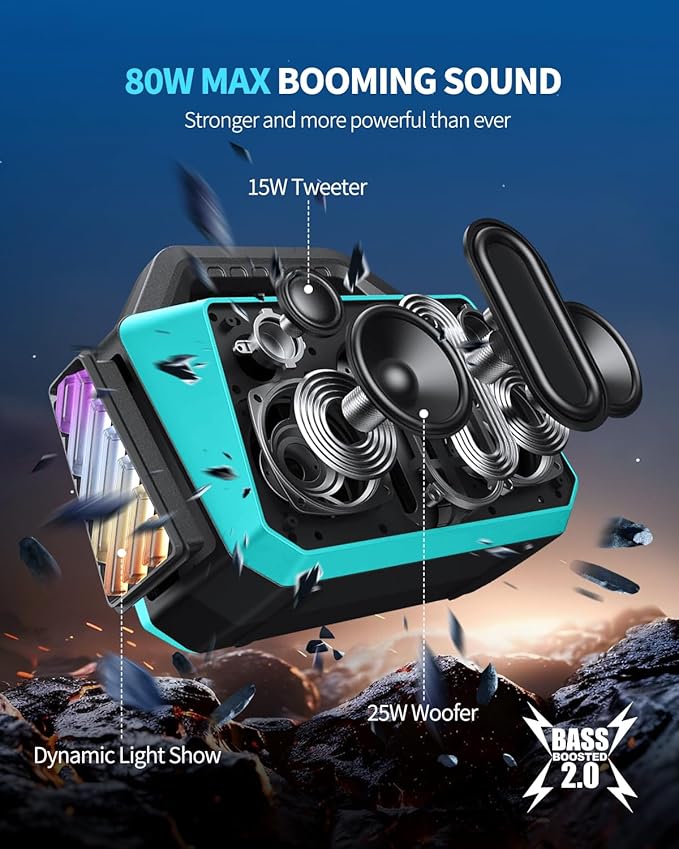 TPWIN Powerful 80W Outdoor Bluetooth Speaker: IPX6 Waterproof, Rugged, 20H Playtime, Deep Bass, Lightshow, TWS, BT 5.3 Wireless, Portable for Travel Hiking Camping Beach Pool - Teal