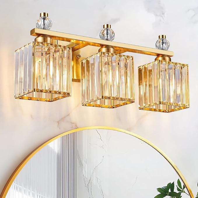FDPBY Bathroom Vanity Lights 3-Light Modern Crystal Vanity Light Gold Bathroom Light Fixtures Over Mirror Crystal Bathroom Vanity Lighting Fixtures