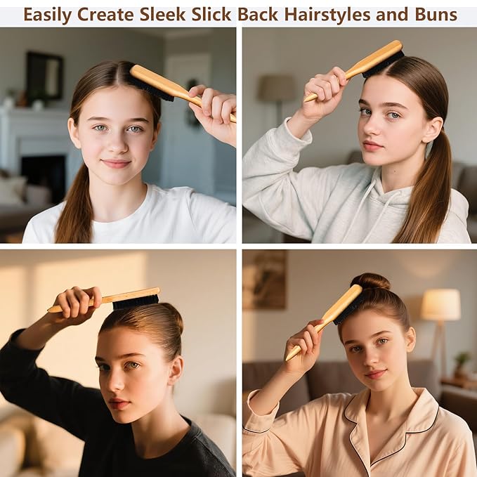 SWEET VIEW Boar Bristle Slick Back Hair Brush for Smooth Flyaways, Frizz, Sleek Ponytail, Buns and Edge Baby Hair, Teasing | Gel Comb Styling Accessories for Girls, Kids and Women