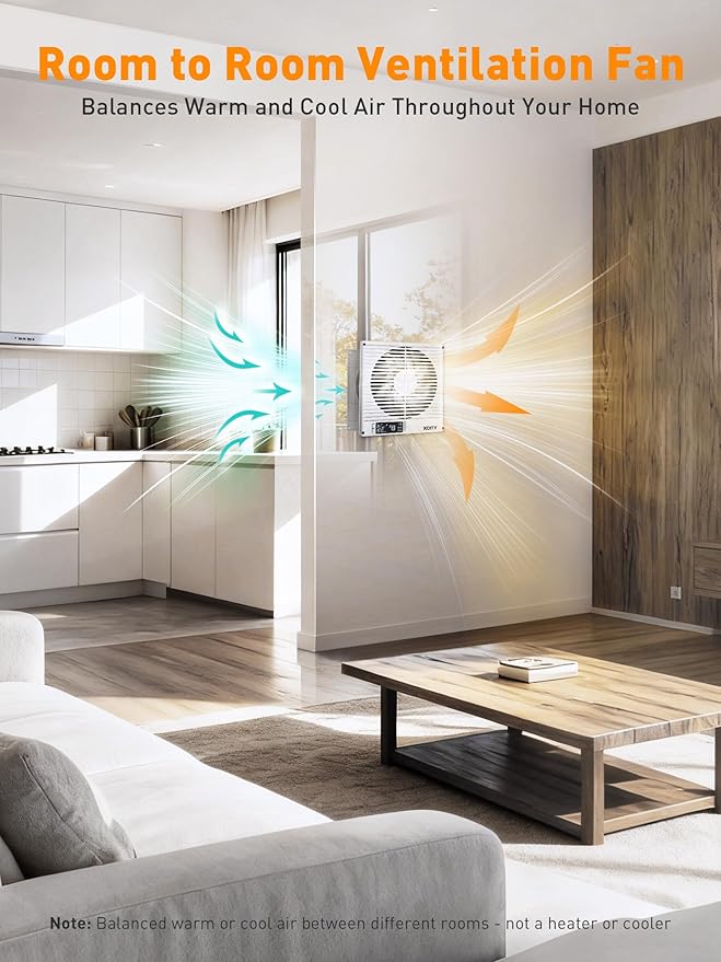 Xcity 8-Inch Room to Room Fan, Through-the-Wall Air Transfer Fan with Remote, 10-Speed Temperature Control, Quiet Reversible Airflow Ventilation for Bedroom, Kitchen & Laundry