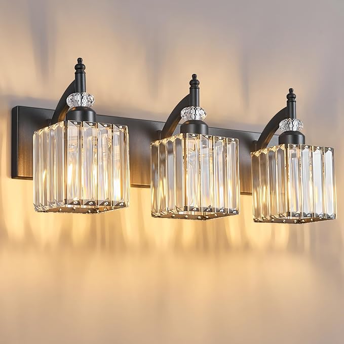 BBLLWJ Modern Bathroom Vanity Light 3-Light Black Crystal Light Fixtures Over Mirror for Bathroom Wall Sconce