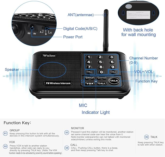 Wuloo Intercoms Wireless for Home 5280 Feet Range 10 Channel 3 Code, Wireless Intercom System for Home House Business Office, Room to Room Intercom, Home Communication System (3 Packs, Black)