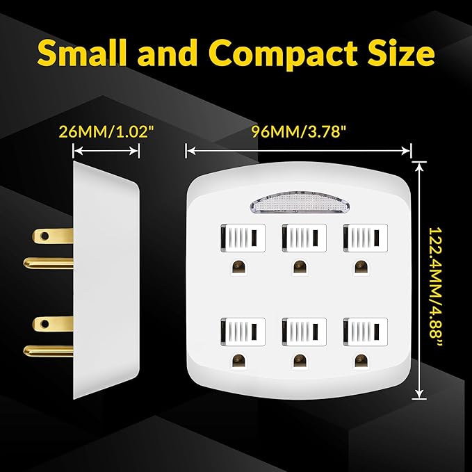 6-Outlet Extender, 3-Prong Ground Wall Tap Adapter with Safety Cap & LED Guide Light, Cruise Essentials, Multiple Plug Electrical Outlets Splitter for Home, Office, Dorm Room, ETL Listed, White