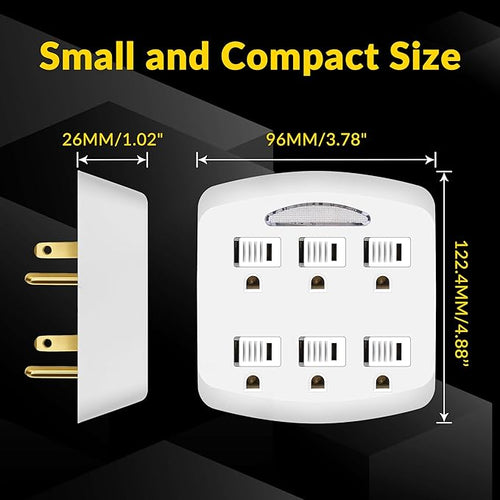 6-Outlet Extender 2 Pack, 3-Prong Ground Wall Tap Adapter with Safety Cap & LED Guide Light, Cruise Essentials, Multiple Plug Electrical Outlets Splitter for Home, Office, Dorm Room, ETL Listed, White