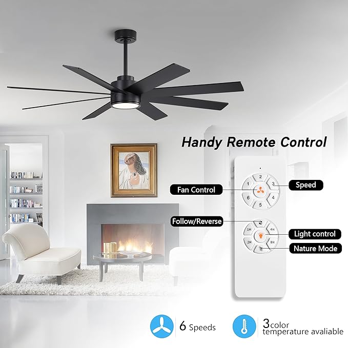 WINGBO 60" Large DC Ceiling Fans with Lights and Remote, 3 Downrods, 8 Plywood Blades, 6-Speeds Reversible DC Motor, 3CCT, Indoor Ceiling Fan for Bedroom Living Room Patio, Black