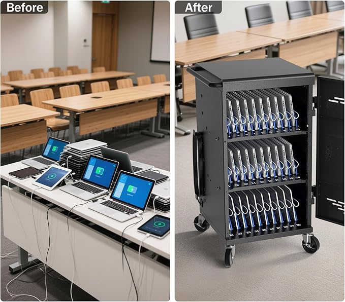 Fully Assembled 30 Unit Device Charging Station for Chromebook, iPad, 14'' Laptop - Charging Cart with Charger Cable Management, Circuit Breaker, Grounding Protection