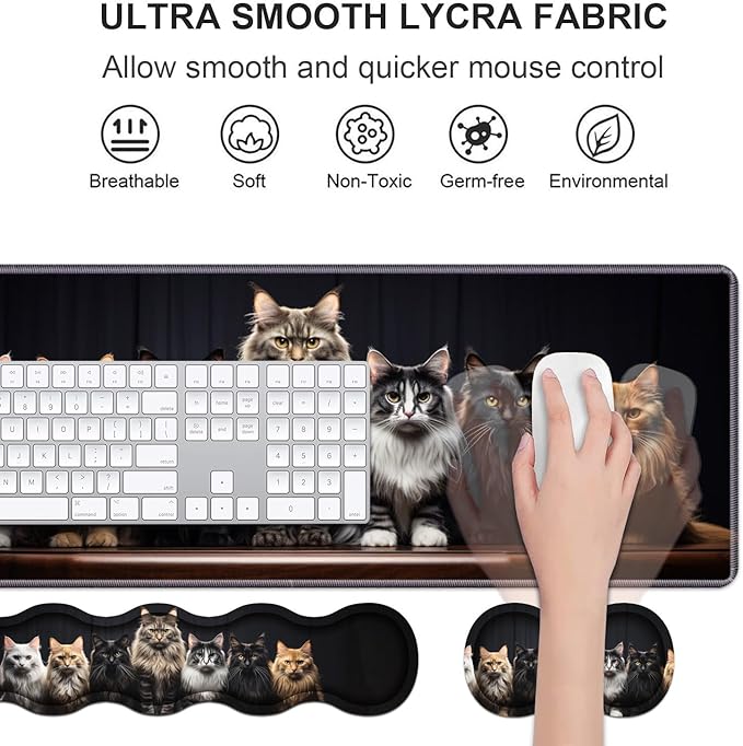 Ergonomic Keyboard Wrist Rest & Mouse Pad Wrist Rest Set,Large Gaming Desk Mat 31.5"x 11.8" with Non-Slip Base,Memory Foam,Easy Typing Pain Relief for Home & Office,A Group Fluffy Cats Stand in A Row