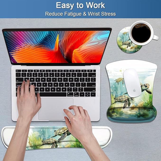 Keyboard Wrist Rest and Mouse Pad Wrist Support Set with Coasters, Non-Slip PU Base Ergonomic Gaming Mousepad for Home Office Working Studying Easy Typing & Pain Relief, Sea Turtle