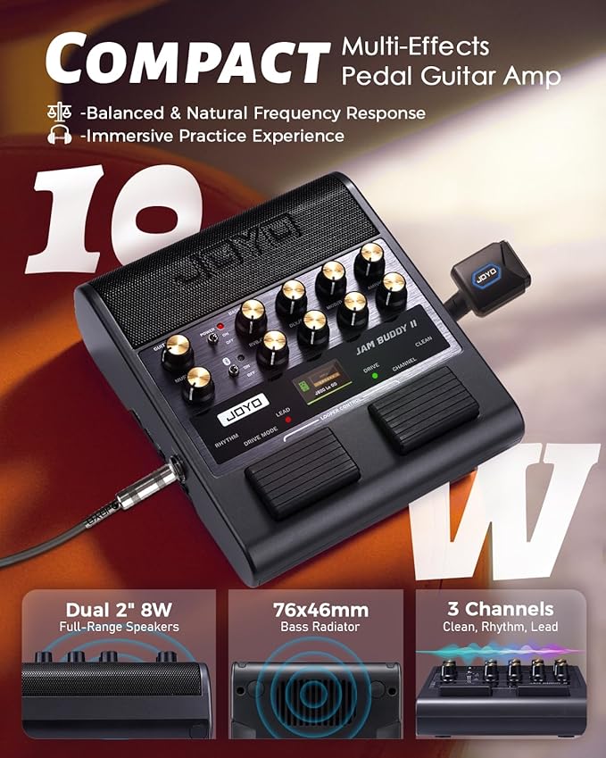 JOYO 10W Portable Electric Guitar Amp Multi-Effects Pedal Combo Amplifier with Footswitch,14 Amp Models,3-Band EQ,36 Drum Patterns & Looper,OTG Recording,Bluetooth for Practice(JAM Buddy II, Black)