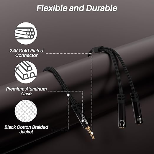 1/8inch Aux Headphone Splitter 2 Way Cable 6FT, 3.5mm 1 Male to 2 Female Mic and Audio Y TRRS Adapter, Compatible with Headset Earphone Switch 2/PS4/PS5 Steam Deck Xbox PC Laptop Phone Tablet Gaming