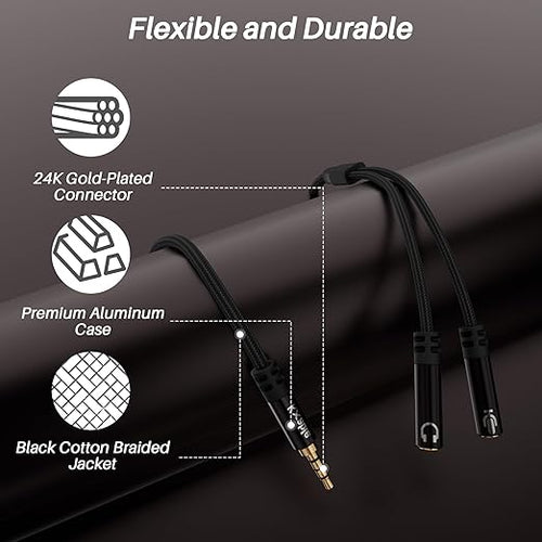 1/8inch Aux Headphone Splitter 2 Way Cable 3FT, 3.5mm 1 Male to 2 Female Mic and Audio Y TRRS Adapter, Compatible with Headset Earphone Switch 2/PS4/PS5 Steam Deck Xbox PC Laptop Phone Tablet Gaming