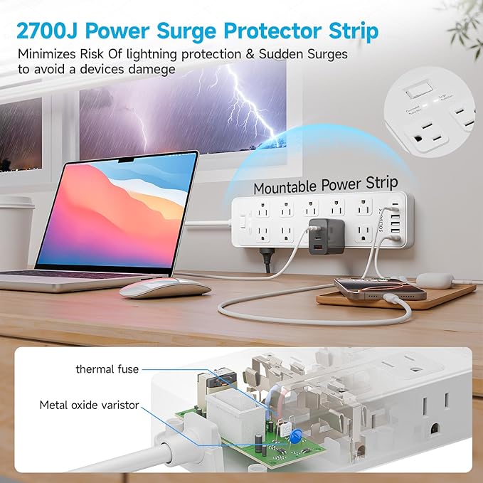 Solidock Power Strip Surge Protector Flat Plug with 20 AC Outlets 6 USB Chagring Ports, 1875W/15A, 2700J, 10 Ft Heavy Duty Extension Cord for Home, Office, Dorm, Gaming,ETL Listed (White, 10FT)