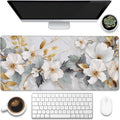 Eflxamz Desk Mat,White Gold Marble Desk Pad,White Flowers Golden Leaves Large Gaming Mouse Pad for Desk,Extended Big Computer Keyboard Mouse Pad with Non-Slip Base and Stitched Edge,35.4"x15.7"