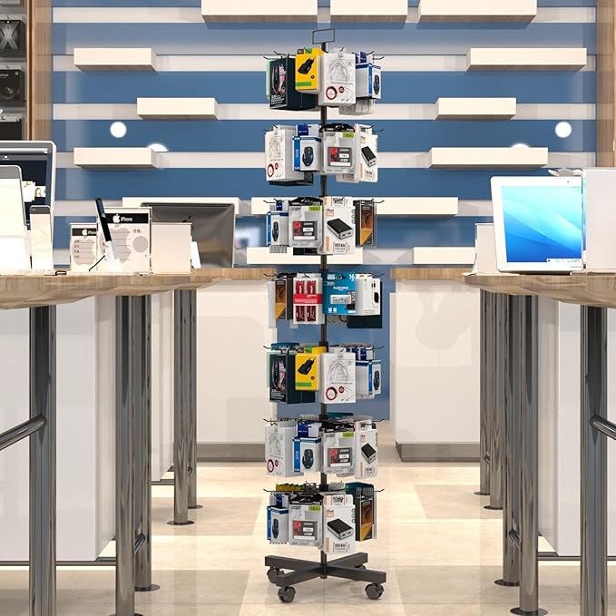 YEOOE Retail Display Racks 7 Tier Spinning Display Stand, Movable Shop Spinner Rack with Hooks, Retail Display Stand for Jewelry Keyring Hats Socks Toys (Black)
