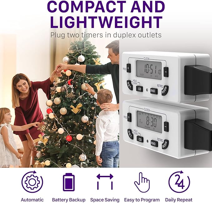 Fosmon 7 Day Digital Timers for Electrical Outlets, Indoor Plug-in Light Timers Switch Programmable, Electric Wall Plug for Grow/Reptile Light, Lamp, Appliance, Aquarium, Fish Tank - 2 Pack