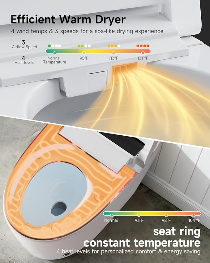 WANSID Smart Toilet with Bidet Built-in and Tankless, Auto Open/Close, Heated Seat, Instant Warm Water & Dryer, Foot Sensor Operation, Elongated One-Piece Modern Toilet for Bathroom, Digital Display