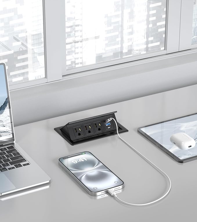 Recessed Conference Table Power Hub with 20W USB-C PD Fast Charging, Flush Mounted for Desks, Kitchens & RVs, 6FT Power Cord (Black)