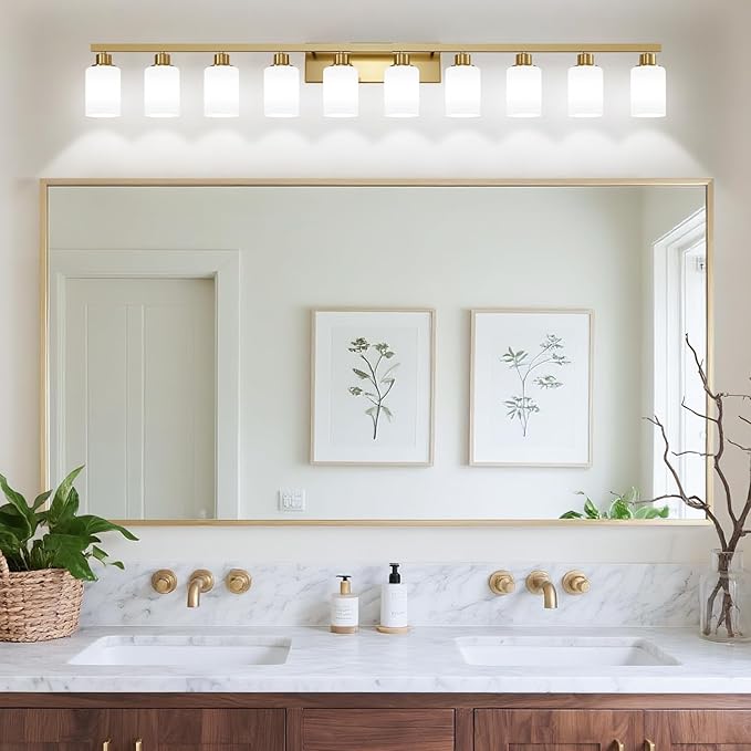 DIKAIDA Gold Bathroom Vanity Light,10-Light Brushed Gold Bathroom Light Fixtures with White Frosted Glass,64.5in Wall Lamp Sconces for Mirror Bedroom,Living Room Hallway,E26