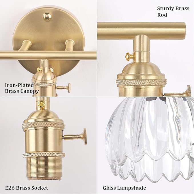 Shenmoyl Bathroom Light Fixtures, 3-Light Brass Vanity Wall Light Over Mirror with Clear Tulip Glass Shade for Bedroom Living Room (Bulb Not Included)