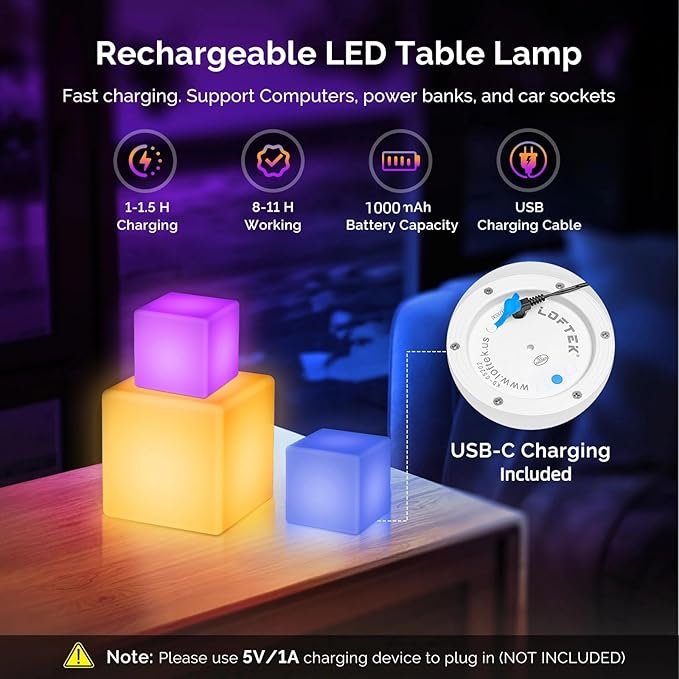 LOFTEK 7-inch LED Cube Night Lights: Rechargeable RGB 16 Colors Changing Light with Remote Control, IP65 Waterproof Cordless Table Lamp Night Light for Home Bedroom, Adults Kids Room Décor