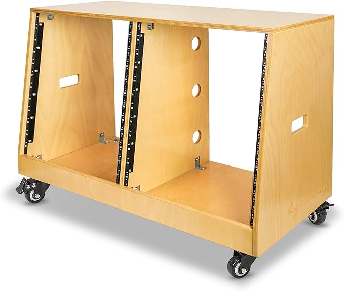 Sound Town DIY 2 x 12U Slanted Studio Rack with Solid Baltic Birch Plywood, Casters, Golden Oak for Recording Room, Home Studio (SDRK-D12T)
