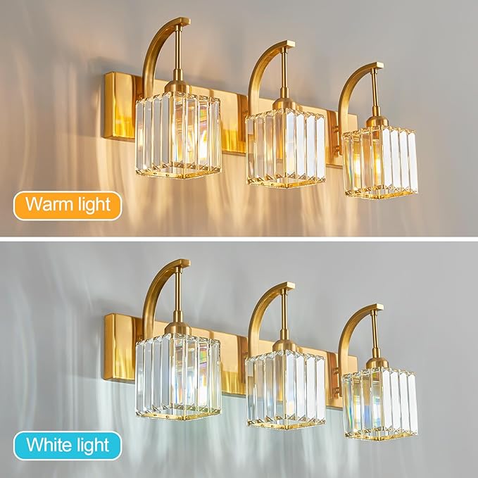 FDPBY Crystal Vanity Lights 3-Light Gold Bathroom Vanity Lights Modern Crystal Bathroom Light Fixtures Over Mirror 23.62" Long Vanity Light for Bathroom