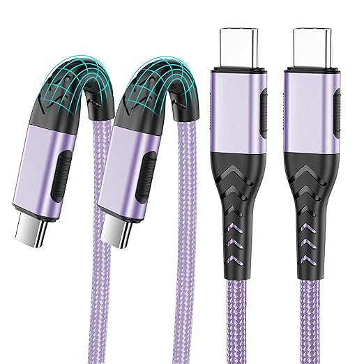 Durcord USB C to USB C Cable, 2Pack 100W 6ft USB C Charger Cable Fast Charging for Android/Phone/Pad, Type C to Type C Charger Braided USB Cable Compatible with Phone 16/15 Pro Plus Max Purple