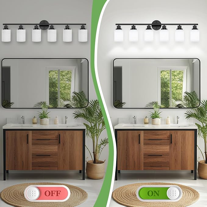 Guliaofo 6-Light Bathroom Light Fixtures, Vanity Lights for Mirror with Textured Milky White Glass Shade, E26 Base Modern Kitchen Light Fixtures Wall Sconce Light - Black