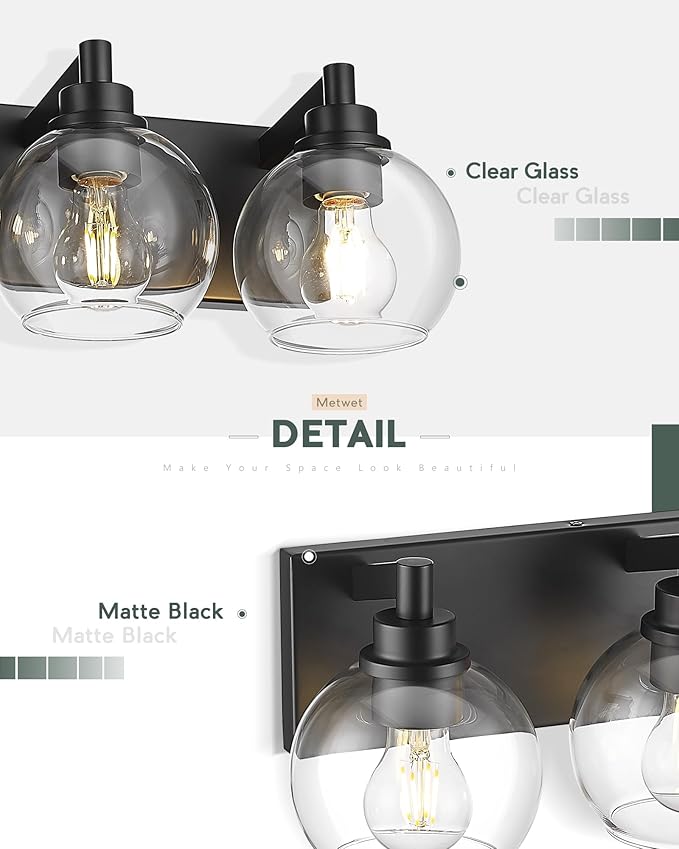 METWET Bathroom Light Fixtures, 6 Light Matte Black Vanity Light, 38 Inch Modern Wall Sconces with Globe Clear Glass Shade, Vanity Lighting Fixtures Over Mirror, VL195-MB-6