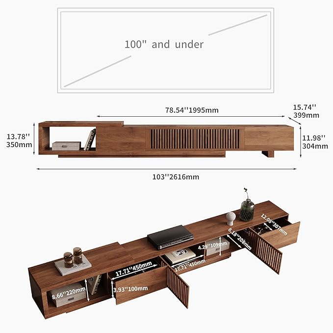 NessCarsti Mid Century Modern TV Stand for 75+ Inch TVs, Extendable Media Console (78"-103") with Ample Storage - Sleek Walnut Entertainment Center for Living Room