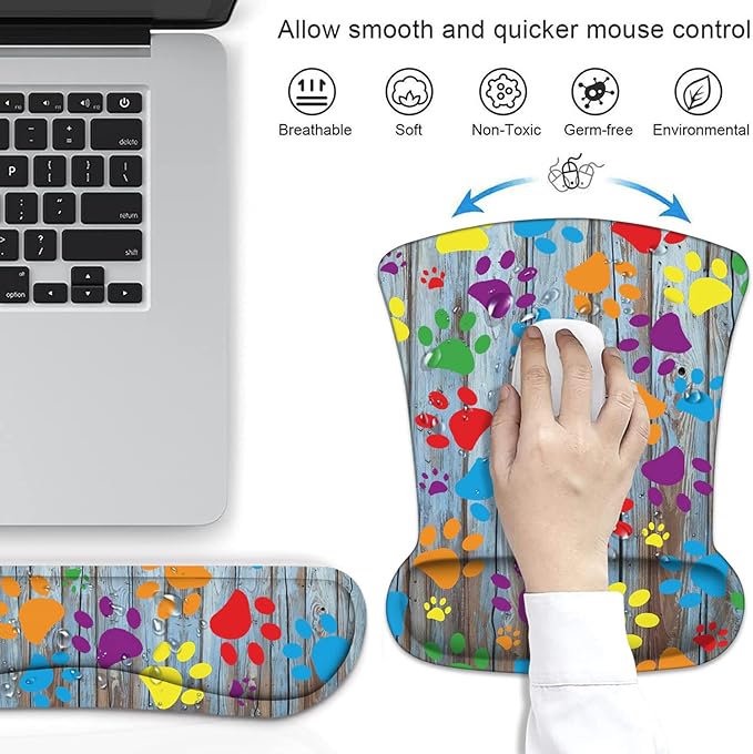 Ergonomic Mouse Pad Wrist Support and Keyboard Wrist Rest Set with Coasters, Non-Slip PU Base, Easy Typing & Relieve Wrist Pain for Home Office Working Studying, Rustic Wooden Board Colorful Paw Print