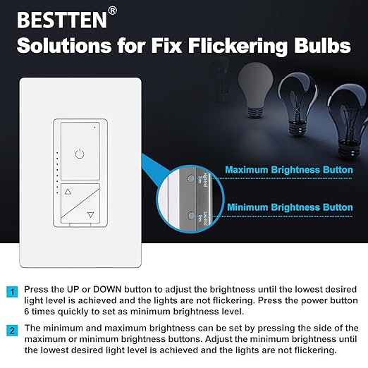 BESTTEN 5 Pack Super Slim Digital Dimmer Light Switch with Screwless Wallplate, Single Pole or 3 Way Dimmer with Air Gap Power Cut Off Switch, 3 Button Control, ETL Listed, White
