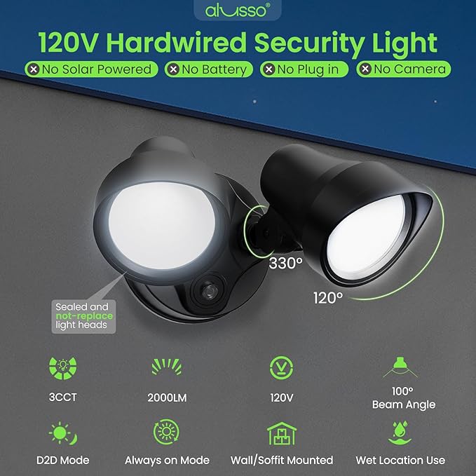 ALUSSO Dusk to Dawn Outdoor Lighting, 25W 2000LM Dusk Till Dawn Outdoor Light, 3000K/4000K/6000K 3CCT IP65 Security Lights ETL Listed Dusk to Dawn Hardwired for House Garage Yard Walkway Black 2 Pack