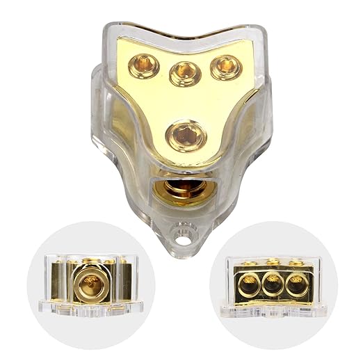 RKURCK 3 Way Copper Power Distribution Block, 0/2/4 AWG Gauge in, 4/8/10 Gauge Out, Car Audio Stereo Amp Distribution Connecting Block for Audio Splitter (1x0GA+3x4GA Copper)