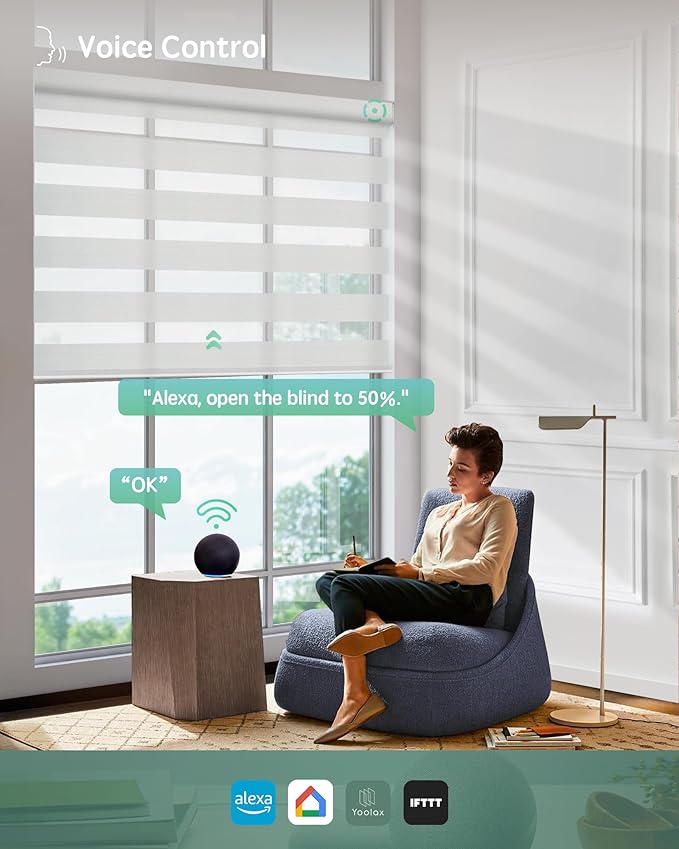Yoolax Motorized Zebra Blinds Compatible with Alexa, Smart Dual Layer Shades with Privacy Light Control, Electric Horizontal Window Blind Customized Size for Home Office (White Matte)