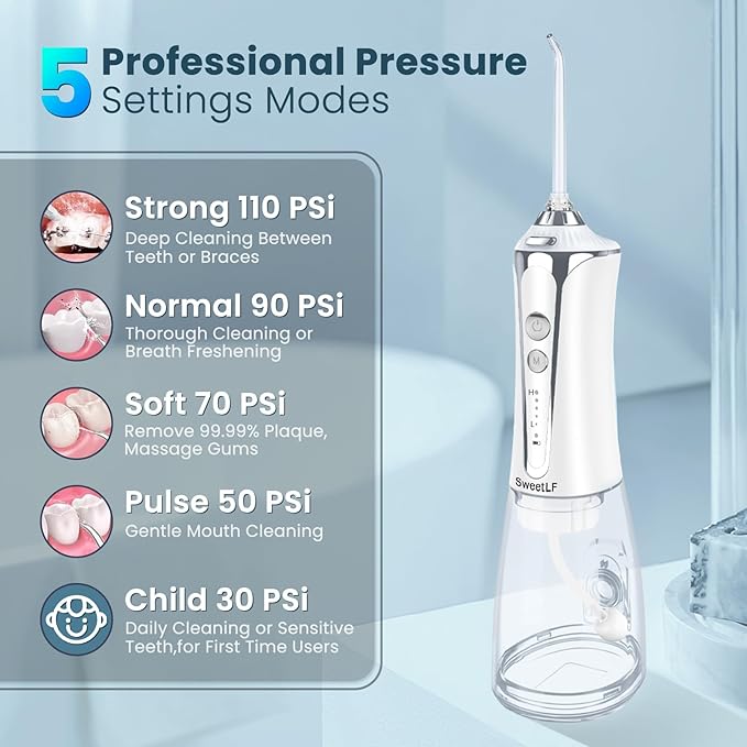 SweetLF Water Dental Flosser Pick for Teeth, 5 Modes Cordless Portable Oral Irrigator, 300ML Tank Water Teeth Cleaner with 5 Jet Tips, IPX7 Waterproof Rechargeable Flossing Picks for Home Travel